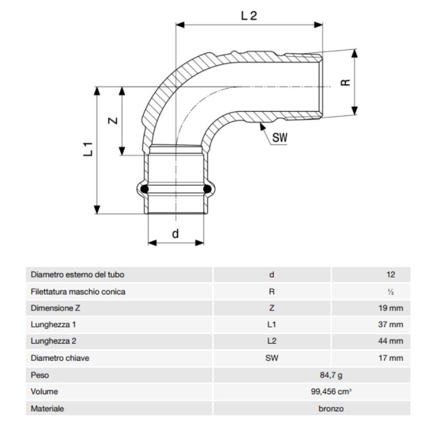 Immagine di Viega PROFIPRESS G curva a 90° di Ø 12 x 1/2", di bronzo con sc-contur (gas)  346928