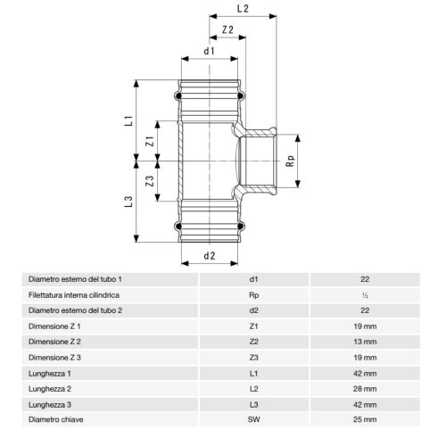 Immagine di Viega SANPRESS raccordo a T Ø 22 x 1/2" bronzo al silicio con sc-contur (acqua) 115944