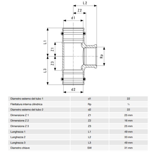 Immagine di Viega SANPRESS raccordo a T Ø 22 x 3/4" bronzo al silicio con sc-contur (acqua) 313975