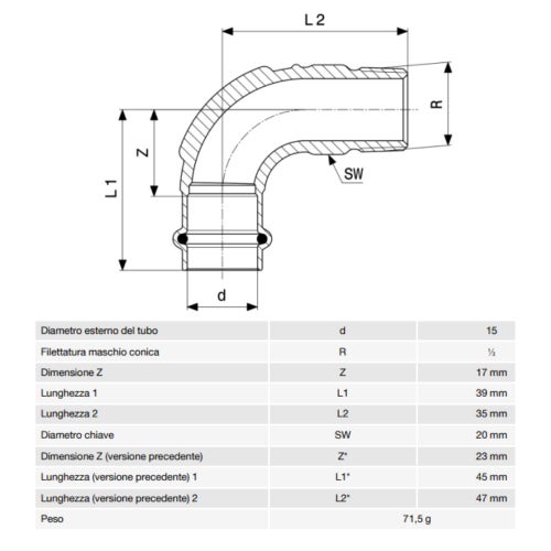 Immagine di Viega PROFIPRESS G curva a 90° di Ø 15 x 1/2", di bronzo con sc-contur (gas)  345747