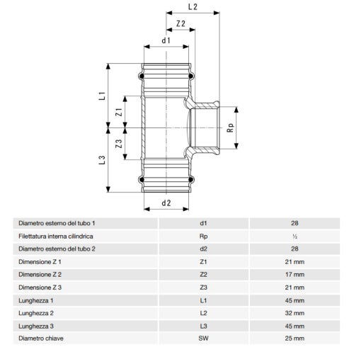 Immagine di Viega SANPRESS raccordo a T Ø 28 x 1/2" bronzo al silicio con sc-contur (acqua) 119768