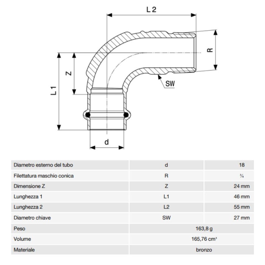 Immagine di Viega PROFIPRESS G curva a 90° di Ø 18 x 3/4", di bronzo con sc-contur (gas)  345761