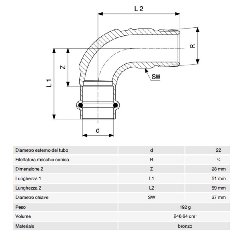 Immagine di Viega PROFIPRESS G curva a 90° di Ø 22 x 3/4", di bronzo con sc-contur (gas)  345778