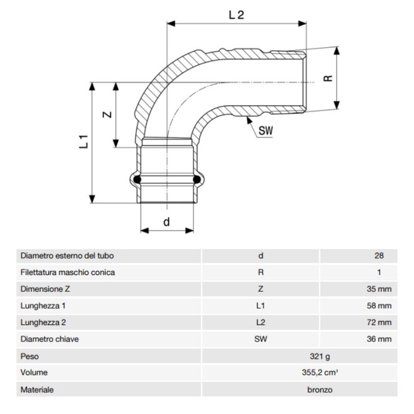 Immagine di Viega PROFIPRESS G curva a 90° di Ø 28 x 1", di bronzo con sc-contur (gas)  345785