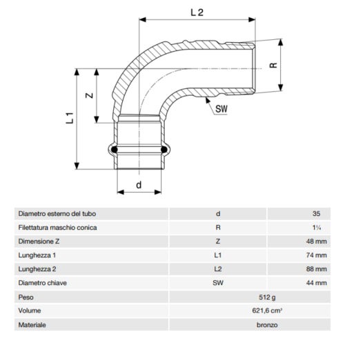 Immagine di Viega PROFIPRESS G curva a 90° di Ø 35 x 1 1/4", di bronzo con sc-contur (gas)  345792