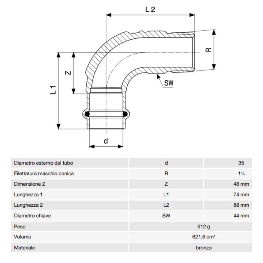 Immagine di Viega PROFIPRESS G curva a 90° di Ø 35 x 1 1/4", di bronzo con sc-contur (gas)  345792