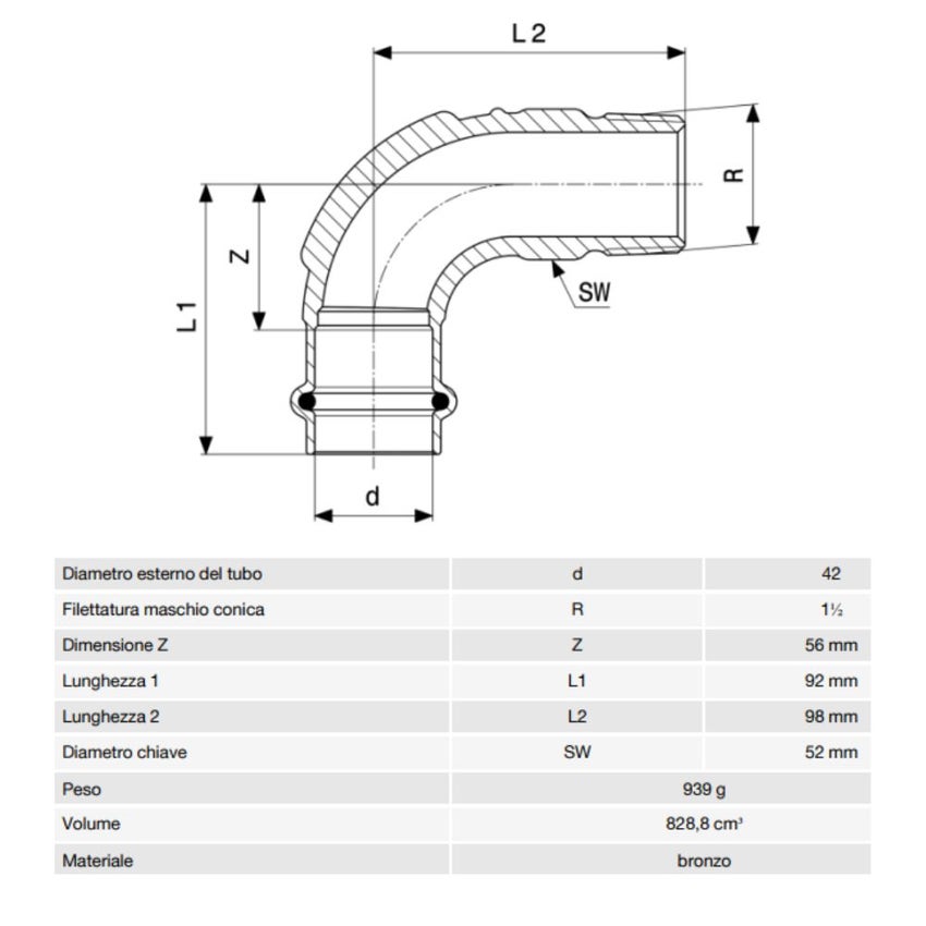 Immagine di Viega PROFIPRESS G curva a 90° di Ø 42 x 1 1/2", di bronzo con sc-contur (gas)  345808