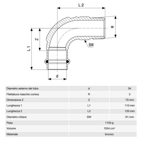 Immagine di Viega PROFIPRESS G curva a 90° di Ø 54 x 2", di bronzo con sc-contur (gas)  345815
