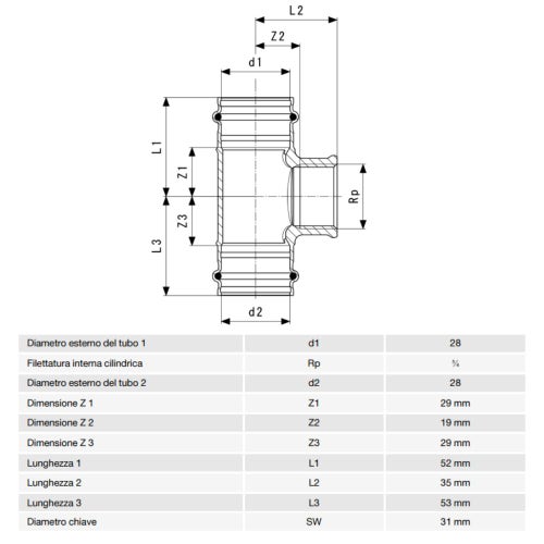 Immagine di Viega SANPRESS raccordo a T Ø 28 x 3/4" bronzo al silicio con sc-contur (acqua) 313968