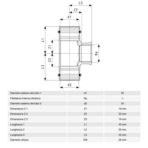 Immagine di Viega SANPRESS raccordo a T Ø 35 x 1/2" bronzo al silicio con sc-contur (acqua) 121945