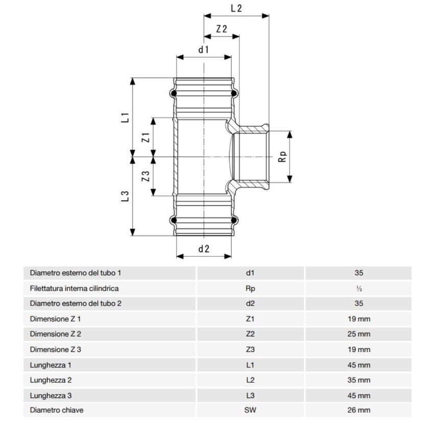 Immagine di Viega SANPRESS raccordo a T Ø 35 x 1/2" bronzo al silicio con sc-contur (acqua) 121945