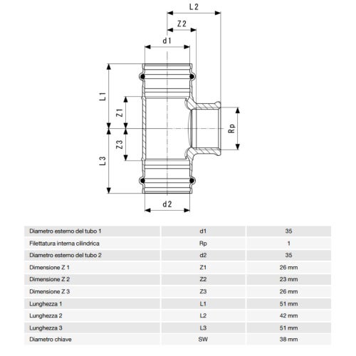 Immagine di Viega SANPRESS raccordo a T Ø 35 x 1" bronzo al silicio con sc-contur (acqua) 361204