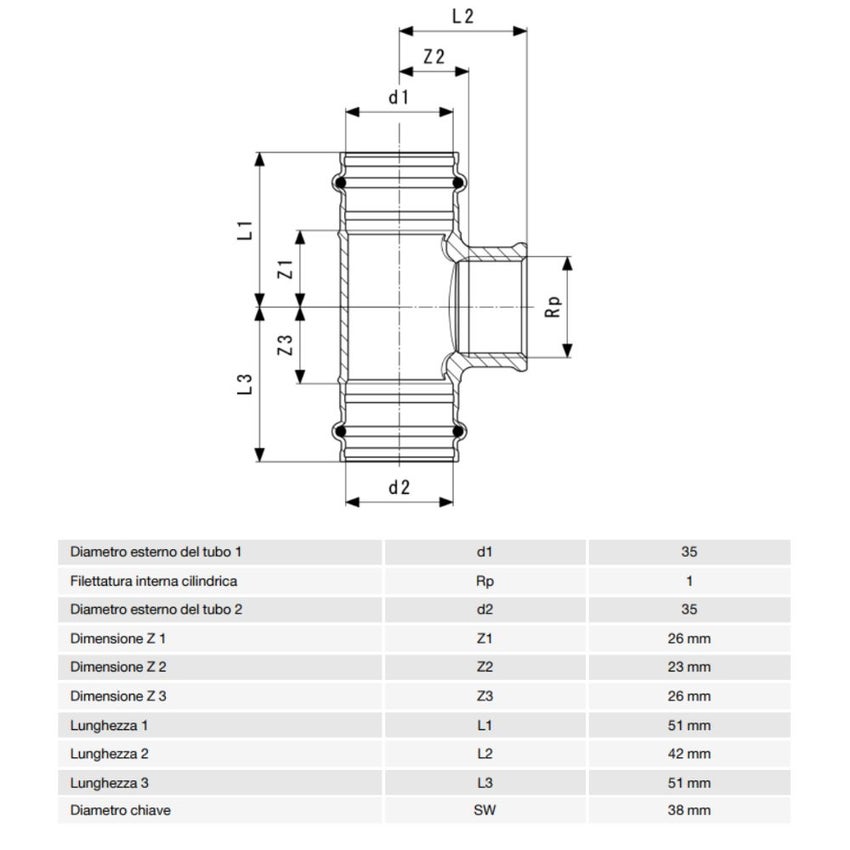 Immagine di Viega SANPRESS raccordo a T Ø 35 x 1" bronzo al silicio con sc-contur (acqua) 361204
