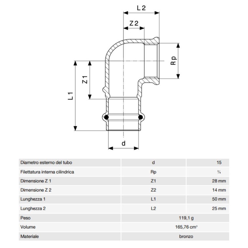 Immagine di Viega PROFIPRESS G gomito a 90° di Ø 15 x 3/4", di bronzo con sc-contur (gas)  345839