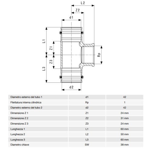 Immagine di Viega SANPRESS raccordo a T Ø 42 x 1" bronzo al silicio con sc-contur (acqua) 361211