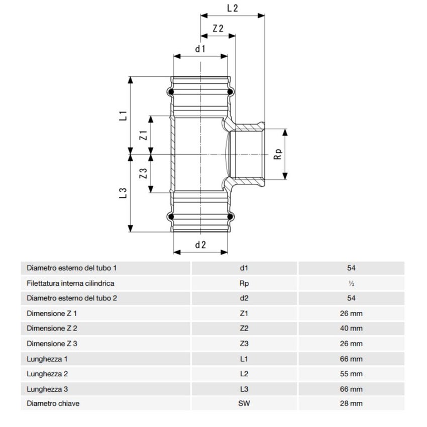 Immagine di Viega SANPRESS raccordo a T Ø 54 x 1/2" bronzo al silicio con sc-contur (acqua) 197353