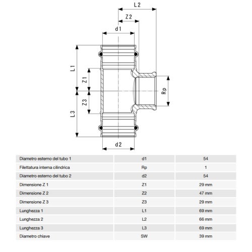 Immagine di Viega SANPRESS raccordo a T Ø 54 x 1" bronzo al silicio con sc-contur (acqua) 361228