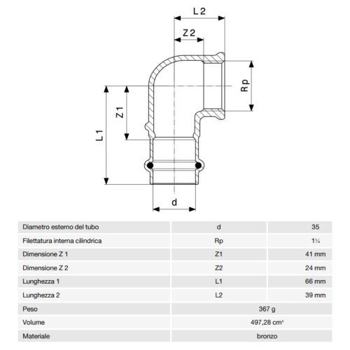 Immagine di Viega PROFIPRESS G gomito a 90° di Ø 35 x 1 1/4", di bronzo con sc-contur (gas)  345907