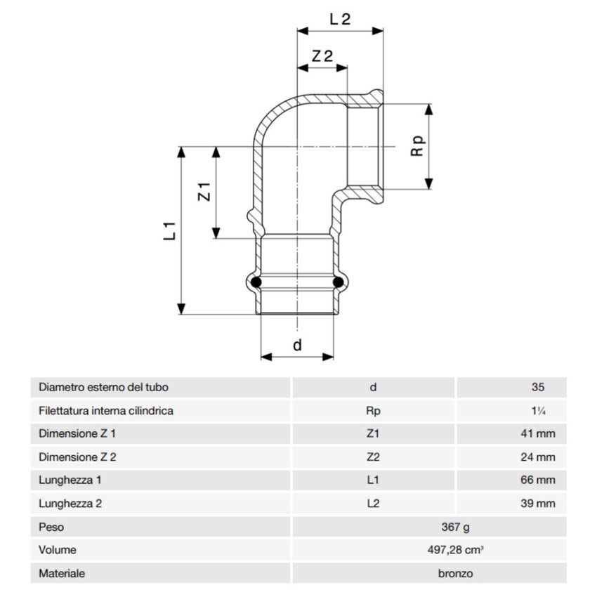Immagine di Viega PROFIPRESS G gomito a 90° di Ø 35 x 1 1/4", di bronzo con sc-contur (gas)  345907