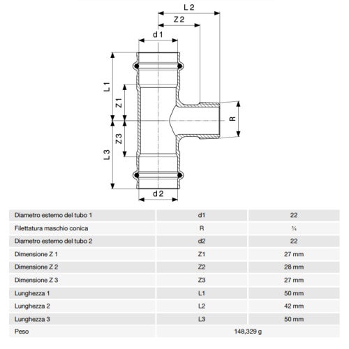 Immagine di Viega SANPRESS raccordo a T Ø 22 x 3/4"  bronzo al silicio con sc-contur (acqua) 194123