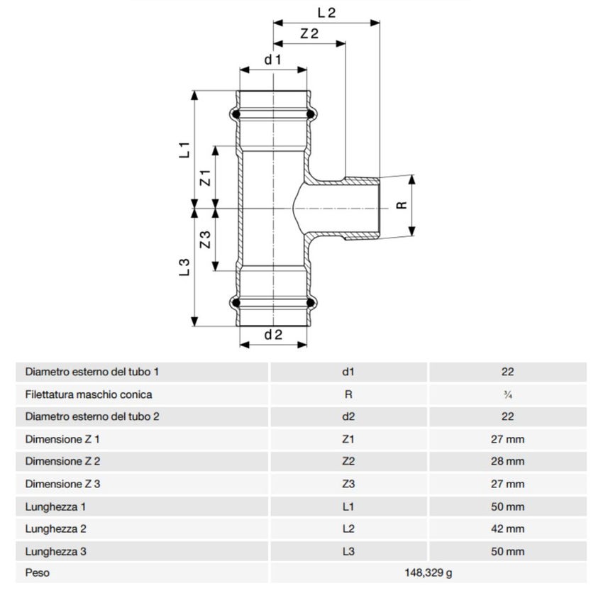 Immagine di Viega SANPRESS raccordo a T Ø 22 x 3/4"  bronzo al silicio con sc-contur (acqua) 194123