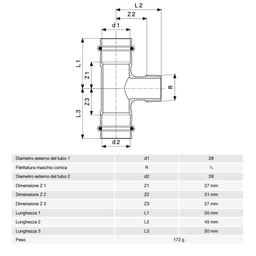 Immagine di Viega SANPRESS raccordo a T Ø 28 x 3/4" bronzo al silicio con sc-contur (acqua) 194130