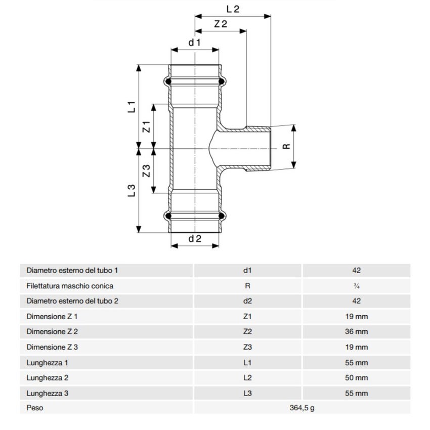 Immagine di Viega SANPRESS raccordo a T Ø 42 x 3/4" bronzo al silicio con sc-contur (acqua) 273231