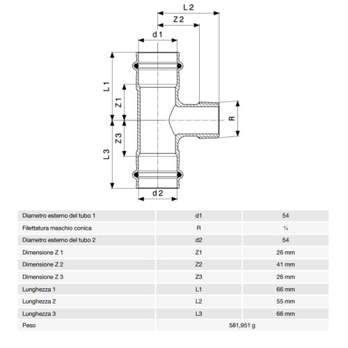 Immagine di Viega SANPRESS raccordo a T Ø 54 x 3/4" bronzo al silicio con sc-contur (acqua) 197858