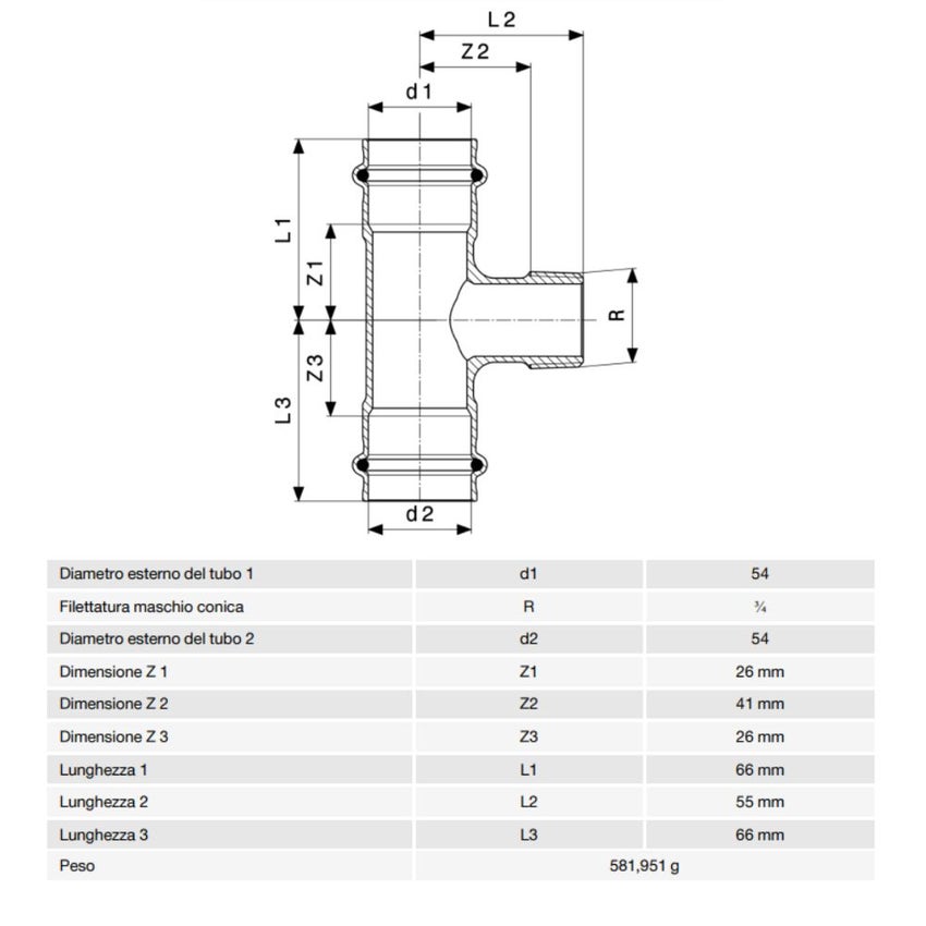 Immagine di Viega SANPRESS raccordo a T Ø 54 x 3/4" bronzo al silicio con sc-contur (acqua) 197858
