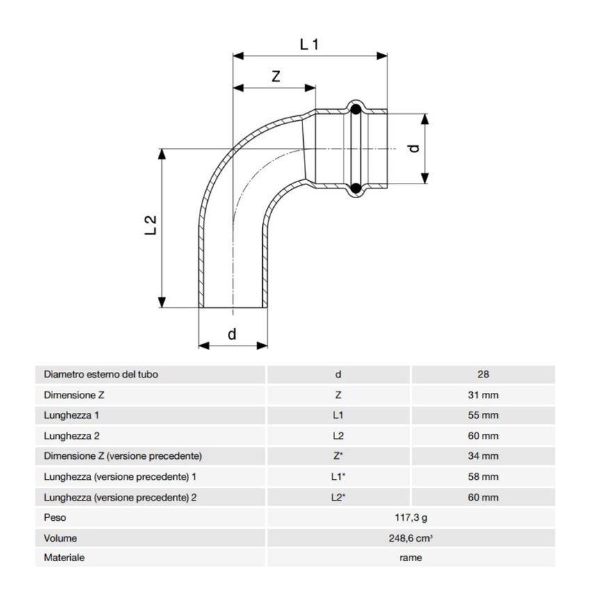 Immagine di Viega PROFIPRESS curva a 90° Ø 28 rame lucido con sc-contur (acqua) 291686