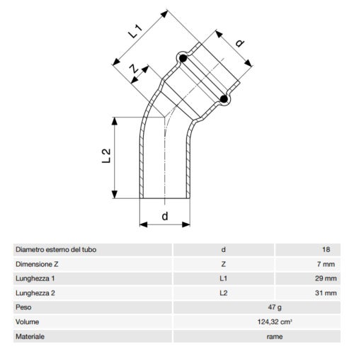 Immagine di Viega PROFIPRESS S curva a 45° di Ø 18, con filetto maschio, in rame lucido con sc-contur (alte temperature) 628369