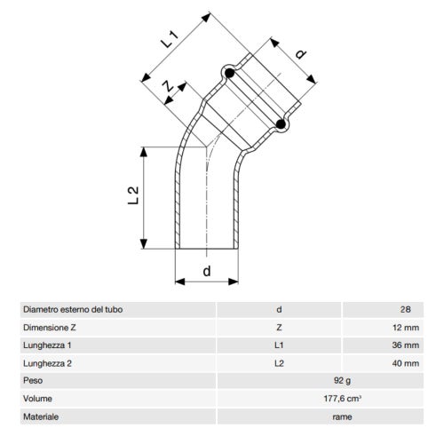 Immagine di Viega PROFIPRESS S curva a 45° di Ø 28, con filetto maschio, in rame lucido con sc-contur (alte temperature) 628383