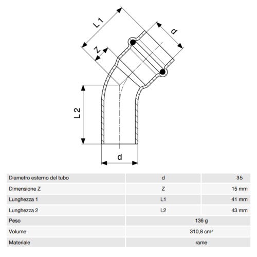 Immagine di Viega PROFIPRESS S curva a 45° di Ø 35, con filetto maschio, in rame lucido con sc-contur (alte temperature) 628390
