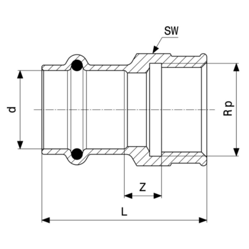Immagine di Viega PROFIPRESS S manicotto di Ø 18 x 1/2", in bronzo lucido con sc-contur (alte temperature) 628871