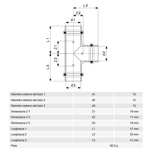 Immagine di Viega PROFIPRESS S raccordo a T di Ø 15 rame lucido con sc-contur (alte temperature) 628413