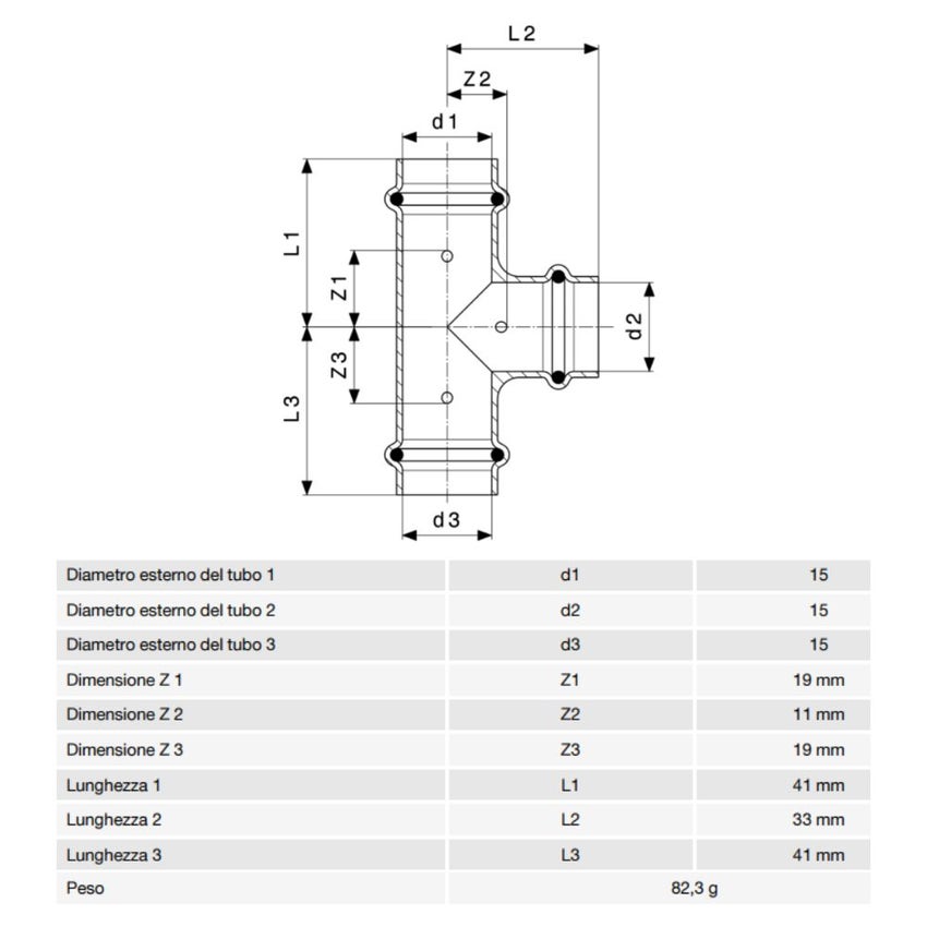 Immagine di Viega PROFIPRESS S raccordo a T di Ø 15 rame lucido con sc-contur (alte temperature) 628413