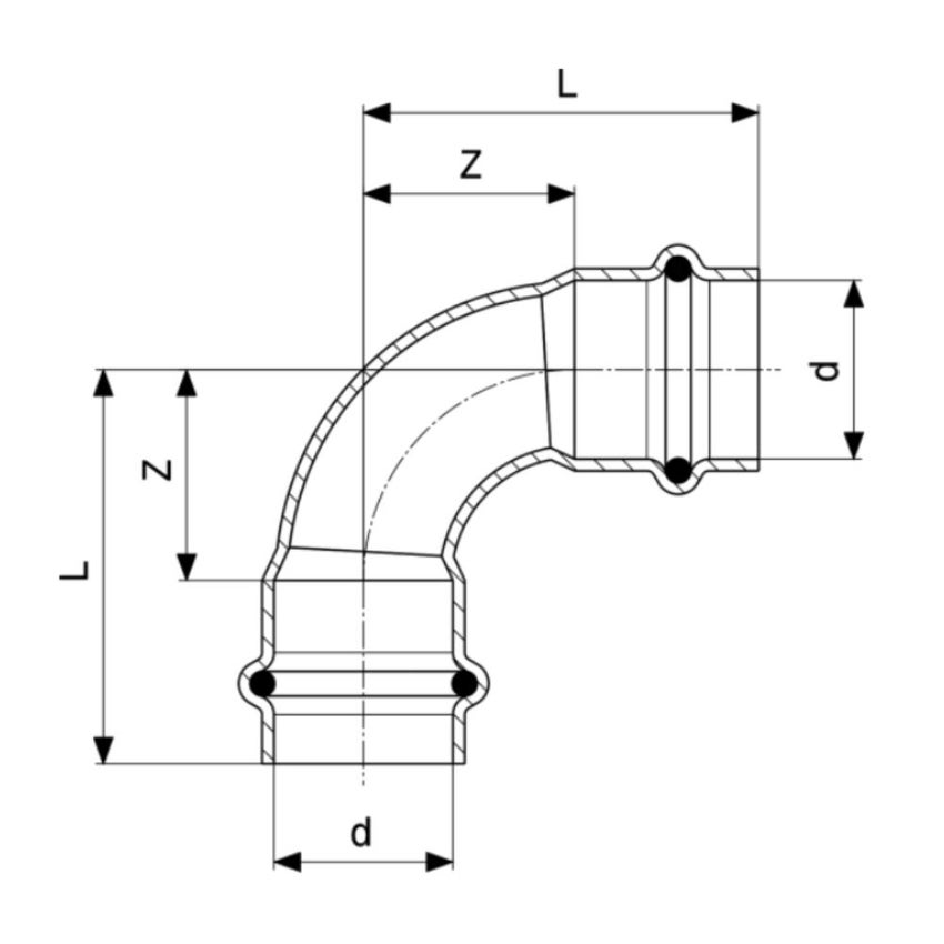 Immagine di Viega PRESTABO curva a 90° Ø 15 acciaio zincato con sc-contur 558123