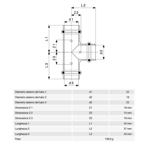Immagine di Viega PROFIPRESS S raccordo a T di Ø 22 x 18 rame lucido con sc-contur (alte temperature) 628550