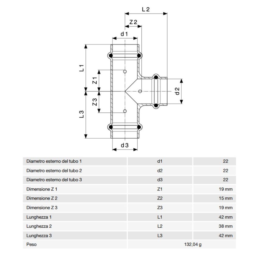 Immagine di Viega PROFIPRESS S raccordo a T di Ø 22 rame lucido con sc-contur (alte temperature) 628451