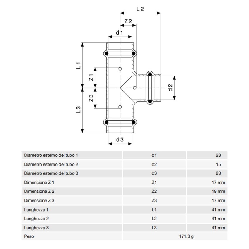 Immagine di Viega PROFIPRESS S raccordo a T di Ø 28 x 15 rame lucido con sc-contur (alte temperature) 628574