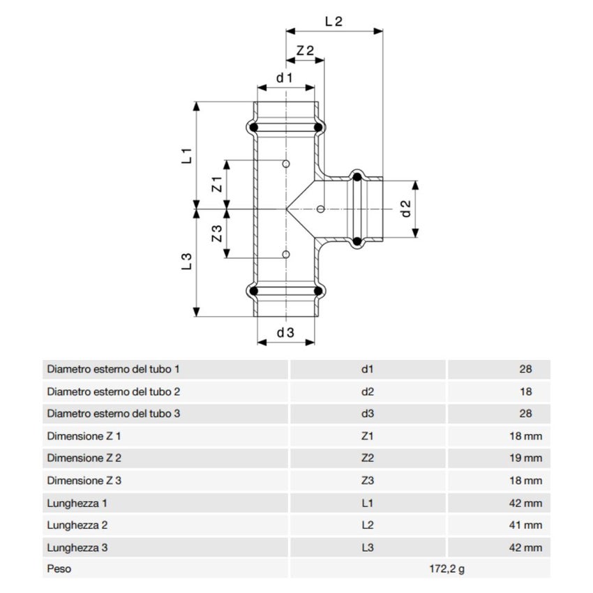Immagine di Viega PROFIPRESS S raccordo a T di Ø 28 x 18 rame lucido con sc-contur (alte temperature) 628581