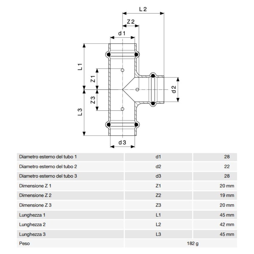 Immagine di Viega PROFIPRESS S raccordo a T di Ø 28 x 22 rame lucido con sc-contur (alte temperature) 628598