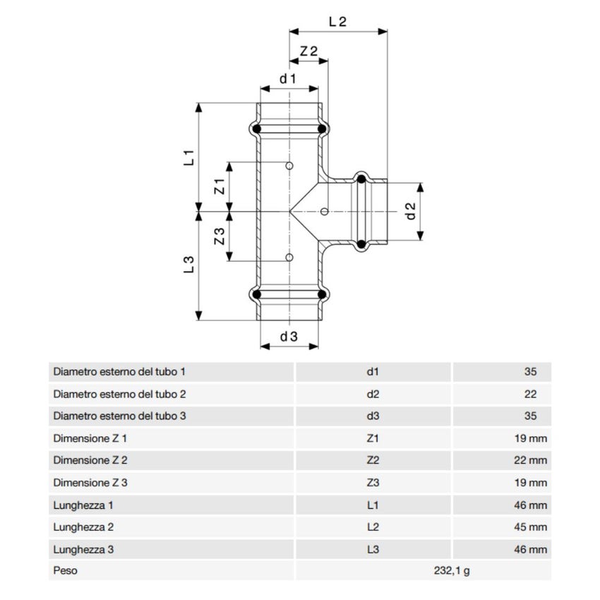 Immagine di Viega PROFIPRESS S raccordo a T di Ø 35 x 22 rame lucido con sc-contur (alte temperature) 628611
