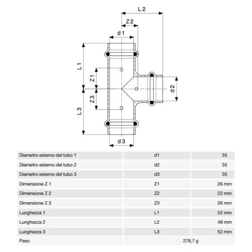 Immagine di Viega PROFIPRESS S raccordo a T di Ø 35 rame lucido con sc-contur (alte temperature) 628604