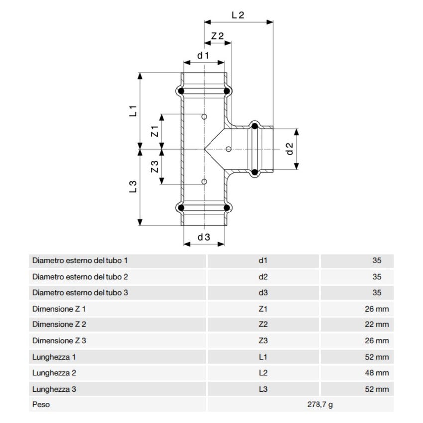 Immagine di Viega PROFIPRESS S raccordo a T di Ø 35 rame lucido con sc-contur (alte temperature) 628604
