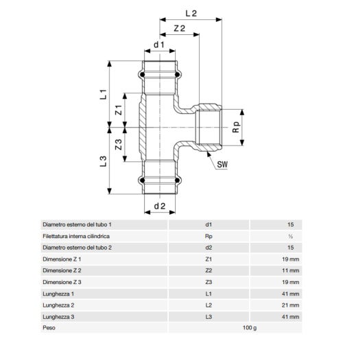 Immagine di Viega PROFIPRESS S raccordo a T di Ø 15 x 1/2" bronzo con sc-contur (alte temperature) 628635