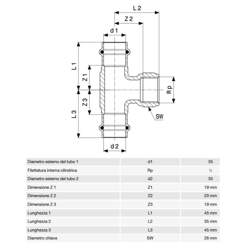 Immagine di Viega PROFIPRESS S raccordo a T di Ø 35 x 1/2" bronzo con sc-contur (alte temperature) 628673