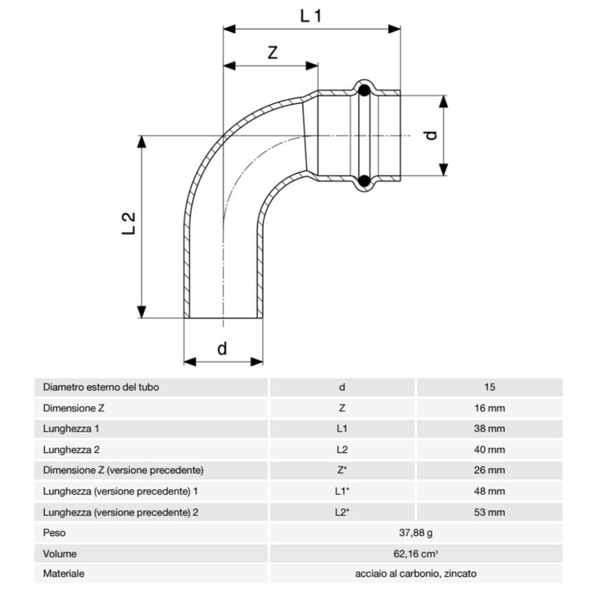 Immagine di Viega PRESTABO curva a 90° Ø 15, con filetto maschio, acciaio zincato con sc-contur  558192