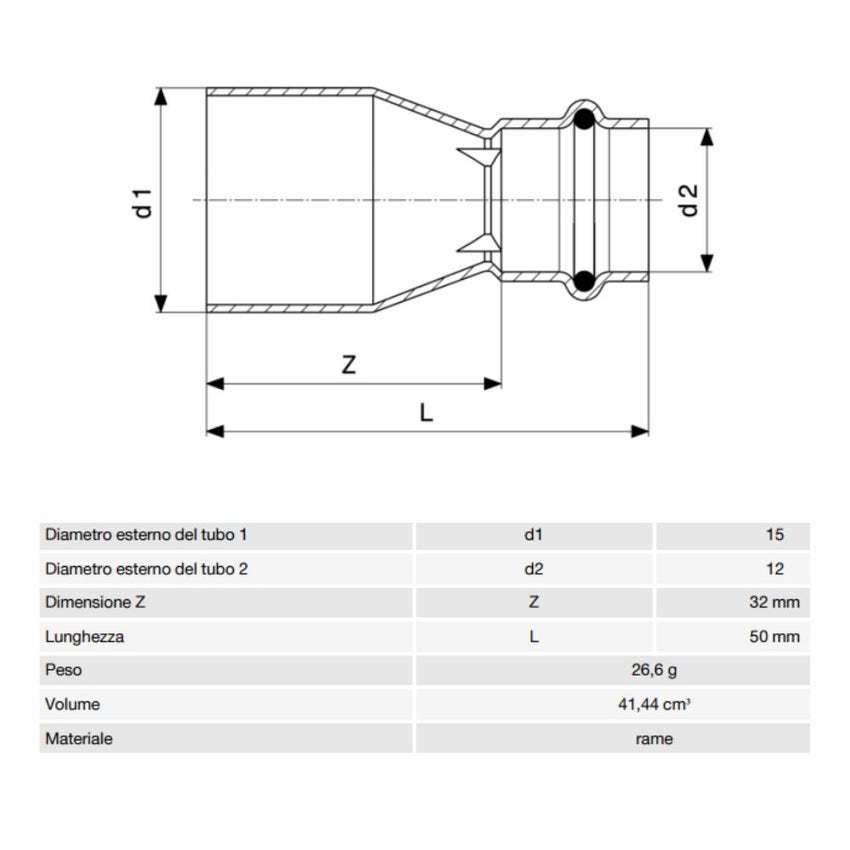 Immagine di Viega PROFIPRESS S manicotto di riduzione di Ø 15 x 12, in rame lucido con sc-contur (alte temperature) 628994