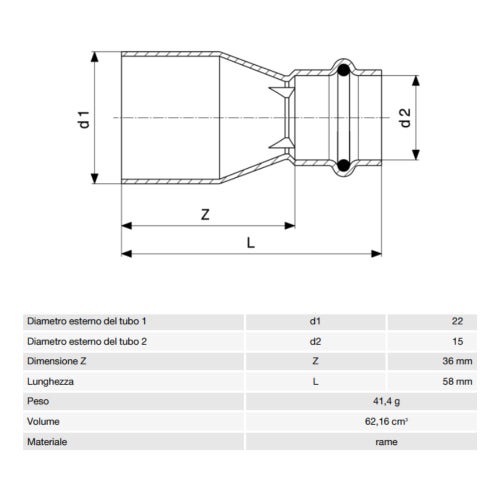 Immagine di Viega PROFIPRESS S manicotto di riduzione di Ø 22 x 15, in rame lucido con sc-contur (alte temperature) 629014